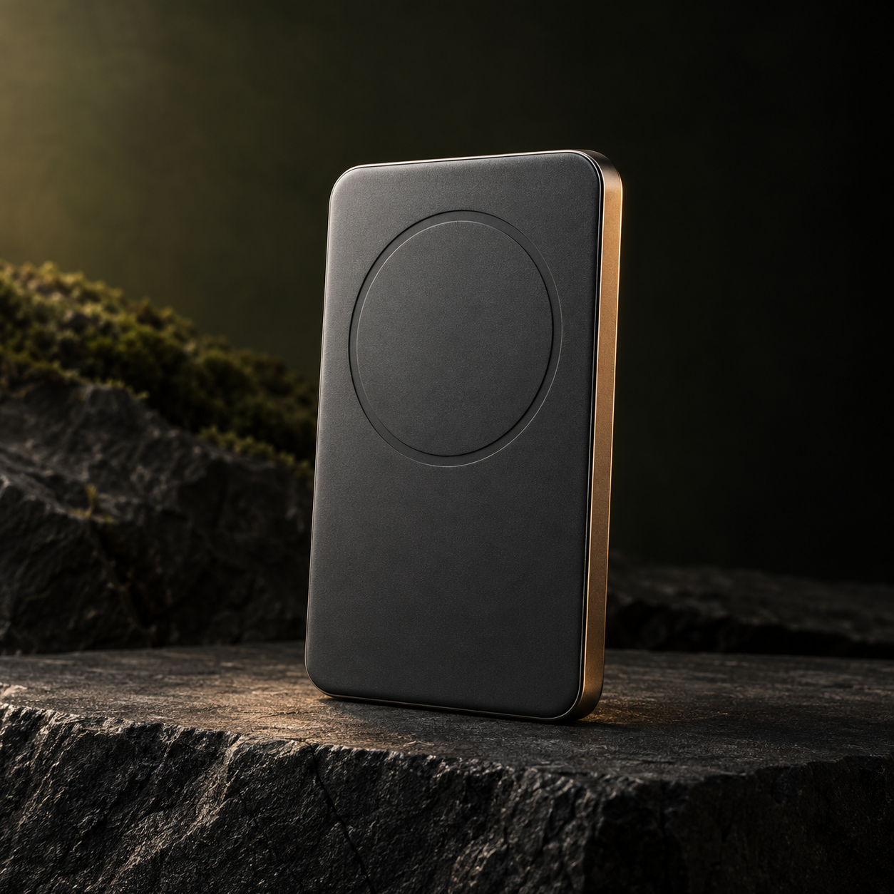 Close view of a graphite power bank on dark mineral stone