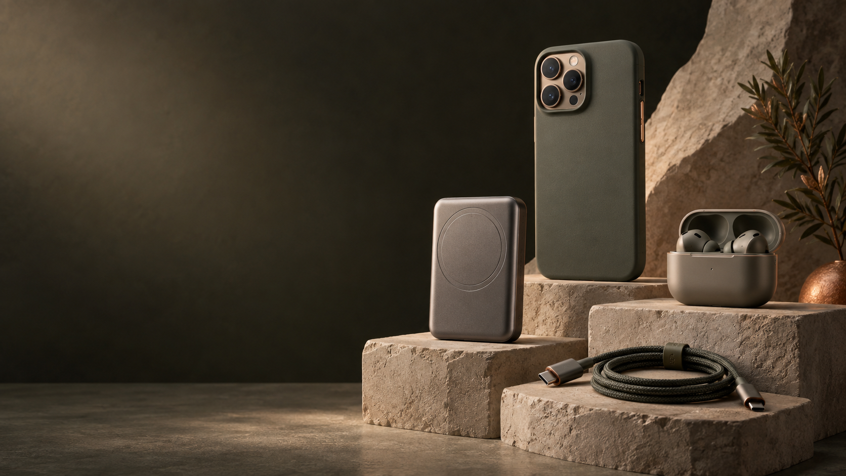 A collection of graphite mobile accessories arranged on mineral stone